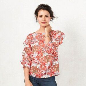 LC Lauren Conrad Womens Coral White Floral Ruffle 3/4 Sleeve Blouse Sz XS New